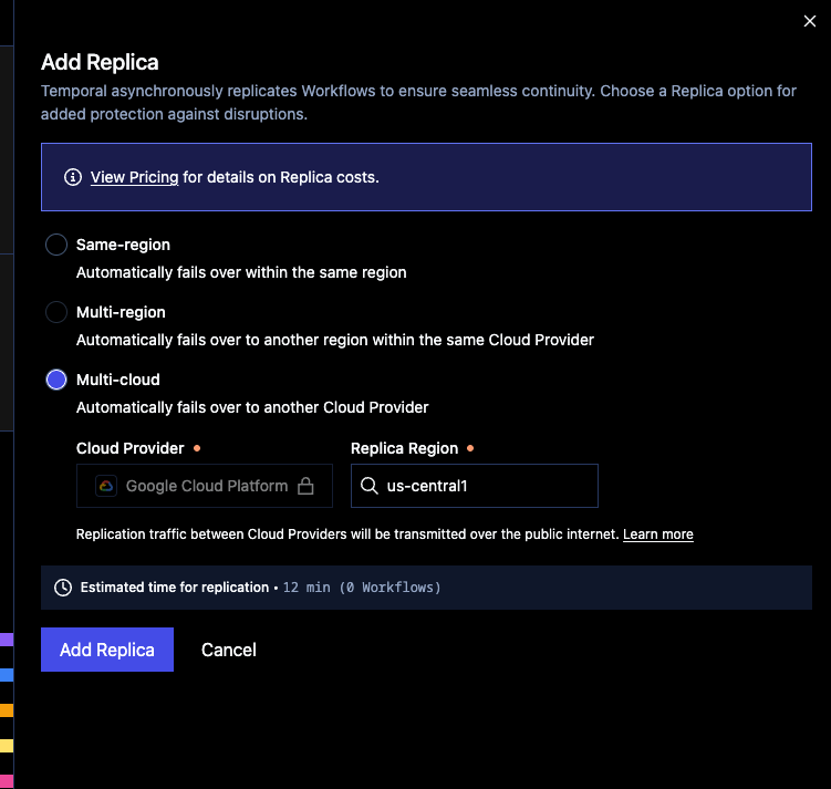 Choose the region for the replica